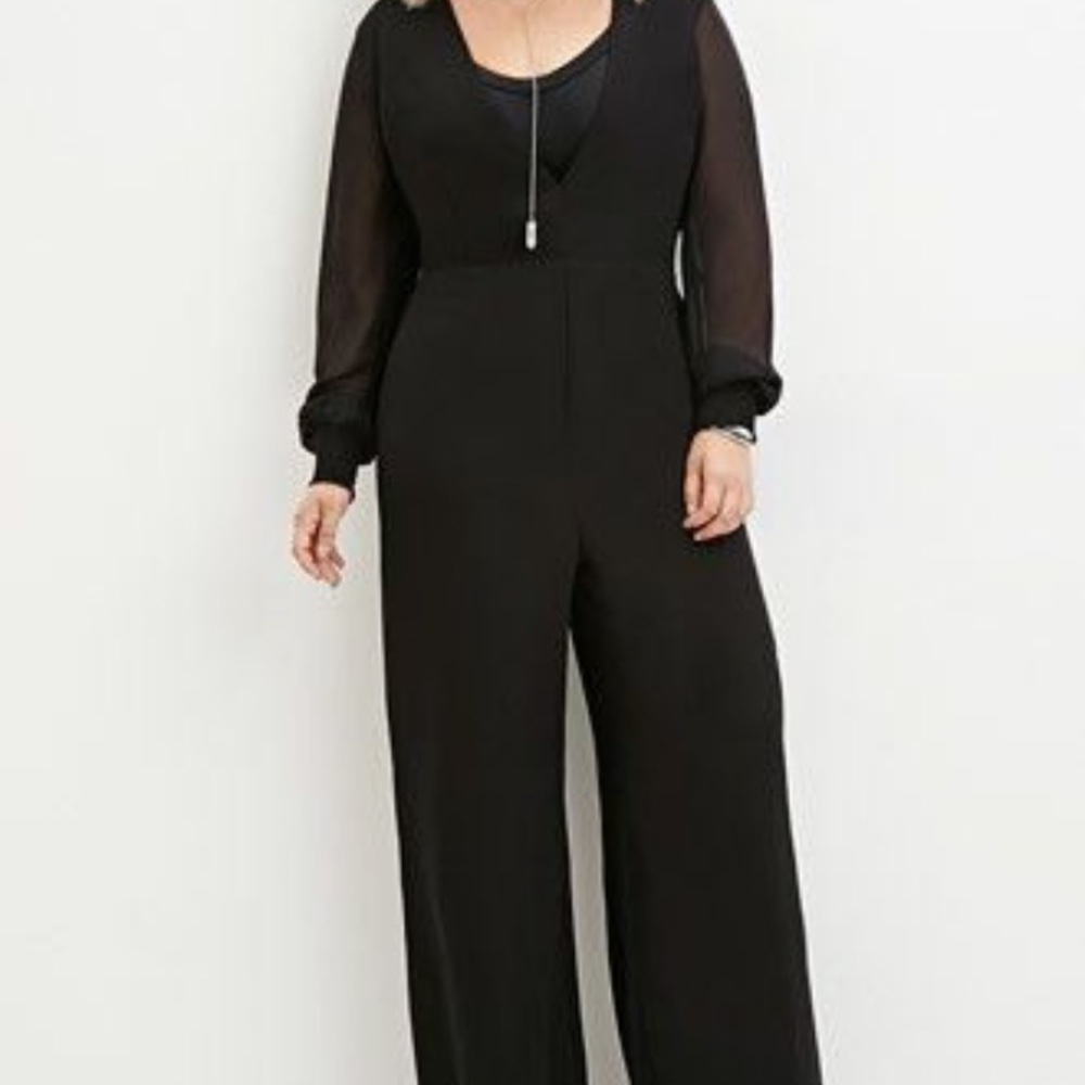 Women's Black Plus Size V-neck Chiffon Jumpsuit